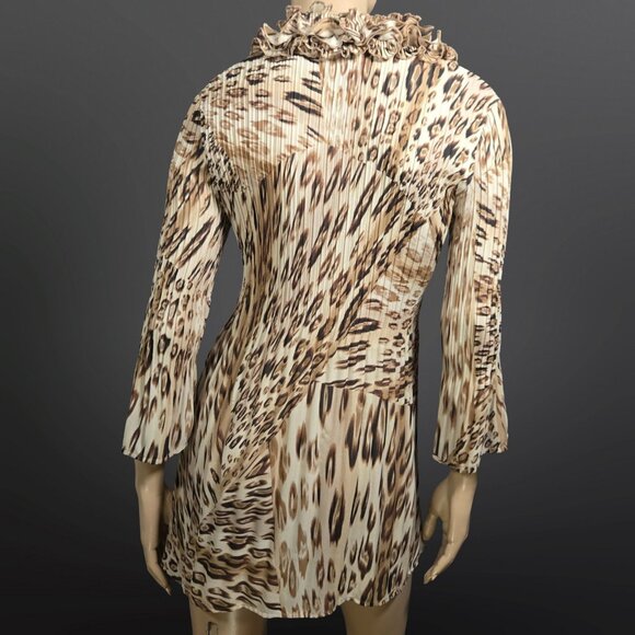 Y2K Animal Print Ruffled Chiffon Babydoll Tunic Top Mini Dress Size M Beige - Picture 9 of 12